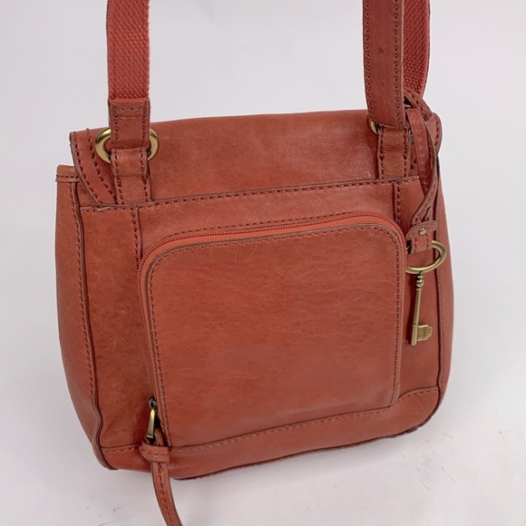 Fossil Leather Crossbody Bag Brass Turnkey and key charm Adjustable Rust Orange - Picture 5 of 16